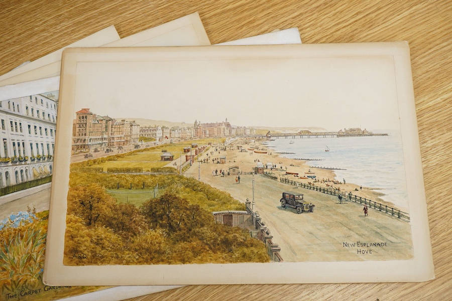 Sir Alfred Robert Quinton (1853-1934), Set of eight original watercolours for postcard designs, Sussex views to include Mermaid Street, Rye, Old Town, Hastings and Preston Park, Brighton, each monogrammed, signed or insc